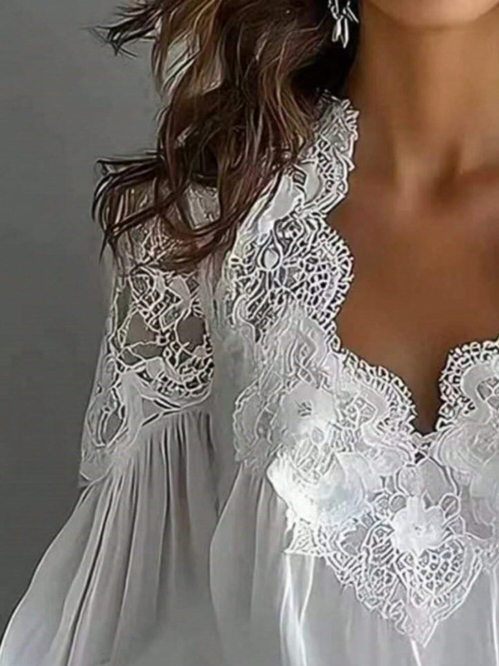 White Casual Women's Lace Trim V-Neck Chiffon Blouse - Picture 2 of 4